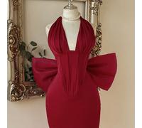 Lovelzi Abito Mini in Raso Borgogna con Scollo All'Amo Aderente Schiena Scoperta con Grande Fiocco Staccabile Arricciato da Festa Ballo di Fine Anno Ritorno a Casa Donna Formale L,M,S,XL,XS,XXL,XXS,XX
