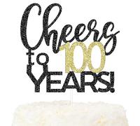 LOVENJOY Cheers to 100 Years Cake Topper for Happy 100th Birthday Anniversary Cake Decorations, Dual-Side Glitter Black and Gold