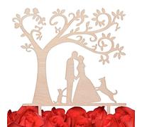 LOVENJOY Sposa e Sposo Bacio con Cane e Gatto Silhouette Tree Engagement Matrimonio Cake Topper Decorazione per Torta Nuziale Rustico in Legno, Confezione Regalo