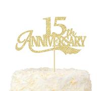 LOVENJOY Topper per Torta per 15° Anniversario, Con Glitter Dorati, per 15 Anni, Decorazione per Anniversario Di Matrimonio