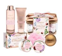 LOVERY Cestello regalo di Natale per il bagno e la cura del corpo da donna, set spa per la casa Cherry Blossom, lozione per il corpo, gel doccia, bomba da bagno extra larga, burro per il corpo