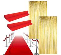 LOVETRENDS Set di decorazioni per feste di Hollywood, 2 passatoie rosse, 2 tende in lamina d'oro, tappeto rosso, eventi, feste di Oscar, premiere, celebrazioni, decorazioni per feste