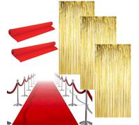LOVETRENDS Set di decorazioni per feste di Hollywood, 2 passatoie rosse, 3 tende in lamina d'oro, tappeto rosso, eventi, feste di Oscar, premiere, celebrazioni, decorazioni per feste