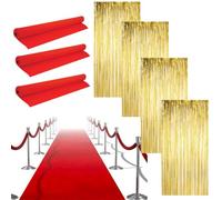 LOVETRENDS Set di decorazioni per feste di Hollywood, 3 passatoie rosse, 4 tende in lamina d'oro, tappeto rosso, eventi, feste di Oscar, premiere, celebrazioni, decorazioni per feste