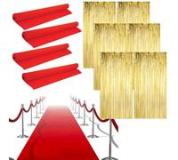 LOVETRENDS Set di decorazioni per feste di Hollywood, 4 passatoie rosse, 6 tende in lamina d'oro, tappeto rosso, eventi, feste di Oscar, premiere, celebrazioni, decorazioni per feste