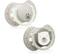 LOVI 2 x ciuccio in silicone per bambini da 6 a 18 mesi, copertura igienica, effetto calmante e protegge il riflesso naturale di aspirazione del bambino | Brilla al buio | Buddy Bear Collection