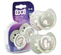 LOVI Ciuccio dinamico Night&Day Hedgehog in silicone, 2 pezzi, luminoso, protegge dai riflessi di suzione, sicuro per l'allattamento, sicuro da mordere e parlare, antiallergico (6-18 m)
