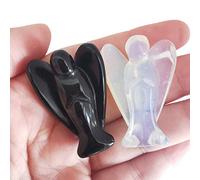Lovionus89 Mini angelo di cristallo, 2 pezzi di scultura in pietra preziosa intagliata da tasca, statuina guaritrice per la casa 38 mm, Ossidiano nero + Opalite