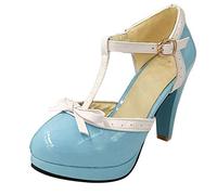 Lovouo Scarpe da donna Mary Jane in vernice con cinturino e fiocco, plateau e tacco quadrato di 9 cm, azzurro, 43 EU