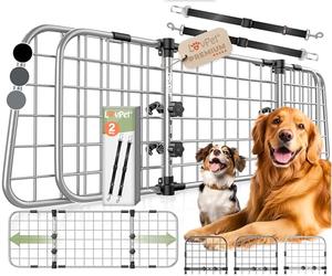 LOVPET® Dog Guard Car, divisorio per auto universale, regolabile in larghezza, poggiatesta, portabagagli, dimensioni HxW 30 x 91-153 cm portabagagli, + 2x cinghia di sicurezza per cani, Grigio
