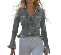 Lovraj Camicia da donna a maniche lunghe, in pelle di cervo, con orlo increspato, vintage, a maniche lunghe, slim fit, tinta unita, camicetta da donna con tasche, grigio., XL