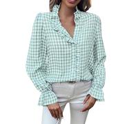 Lovraj Camicia da donna elegante a maniche lunghe, a quadretti, scollo a V, casual, a maniche lunghe con bottoni, verde, M