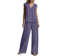 Lovraj Completo estivo da donna a righe, 2 pezzi, per il tempo libero, senza maniche, top e pantaloni palazzo, viola., 3XL