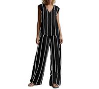 Lovraj Completo estivo da donna a righe, 2 pezzi, per il tempo libero, senza maniche, top e pantaloni palazzo, Nero , 3XL
