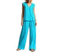 Lovraj Completo estivo da donna a righe, 2 pezzi, per il tempo libero, senza maniche, top e pantaloni palazzo, Blu, L