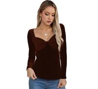 Lovraj Elegante top da donna a maniche lunghe, in velluto, slim fit, scollo a cuore, moderno, tinta unita, a maniche lunghe, marrone, XXL