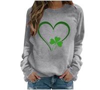 Lovraj Felpa da donna senza cappuccio St Patrik's Day a maniche lunghe, in pile, girocollo, a maniche lunghe, con quadrifoglio e cuore stampato, grigio., S