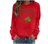 Lovraj Felpa da donna senza cappuccio St Patrik's Day a maniche lunghe, in pile, girocollo, a maniche lunghe, con quadrifoglio e cuore stampato, Colore: rosso, XL