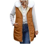 Lovraj Gilet senza maniche, lungo da donna, con calda imbottitura, invernale, reversibile, in pile, termico, con cappuccio, taglie grandi, tinta unita, marrone, 3XL