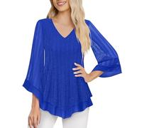 Lovraj Maglia da donna con glitter per festival, maniche a 3/4, tunica a V, scollo a V, goffratura oro, per feste, elegante, rete, a doppio strato, plissettato, Blu, XXL