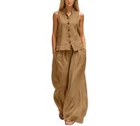 Lovraj Tuta estiva da donna, 2 pezzi, senza maniche, per il tempo libero, tinta unita, set da due pezzi, camicia e pantaloni palazzo, per tutti i giorni e le vacanze, marrone, L
