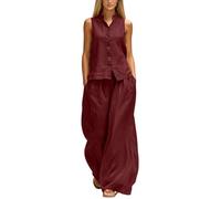 Lovraj Tuta estiva da donna, 2 pezzi, senza maniche, per il tempo libero, tinta unita, set da due pezzi, camicia e pantaloni palazzo, per tutti i giorni e le vacanze, Vino, M