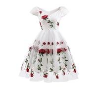LOVSSU Abito Ricamato Abito da Festa Elegante con Scollo a V Ricamato Floreale Rosa, con Sovrapposizione in Rete Plissettata, Maniche Corte, Abiti Estivi Vintage da Donna per Abito da Festa(White,L)