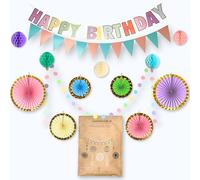 LowCarbonLife Decorazione per feste di compleanno, festa di compleanno, ghirlande di carta, bandierine e rosette di carta, bandierine, palline a nido d'ape, scomparti di carta, decorazione