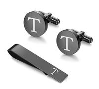 LOYALLOOK Set di gemelli e fermacravatta con iniziali neri per uomo personalizzati in rame gemelli e fermacravatta lettera alfabeto A-Z regalo per padre marito, metallo, rame.