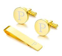 LOYALLOOK Set di gemelli e fermacravatta con iniziali neri per uomo personalizzati in rame gemelli e fermacravatta lettera alfabeto A-Z regalo per padre marito, metallo, rame.