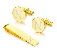 LOYALLOOK Set di gemelli e fermacravatta con iniziali neri per uomo personalizzati in rame gemelli e fermacravatta lettera alfabeto A-Z regalo per padre marito, metallo, rame.