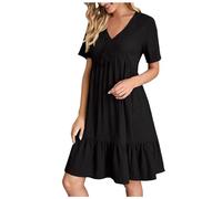 lozssnigzi Abito Donna, Lino E Cotone, Scollo a V, Senza Maniche, Abiti Corto Plissettato Vestiti Vita Alta Tinta Unita Estivi Abito da Spiaggia Elegante Casual, Noir