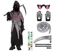 Lozzzyo Costume Halloween Bambino, Set Completo Vestito Halloween Bambino Mietitore con Falce, Catena, Guanti, Occhiali Luminosi e Tatuaggi Fluorescenti, Costumi Morte Halloween Bambini (5-7 anni)