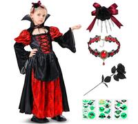 Lozzzyo Costume Vestito Vampira Bambina, Costume Halloween Bambina con Collana di Rubini, Rosa, Fermaglio per Capelli a Forma di Teschio e 3 Adesivi Tatuaggio-Costume Halloween Ragazza (4-6 anni)