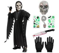 Lozzzyo Set di Dostumi Halloween Bambini, Scream Costume Halloween Bambino con Maschera Teschio Fosforescente, Pugnale Finto e Collana con Teschi, per Halloween/Carnevale. (6-8 anni)