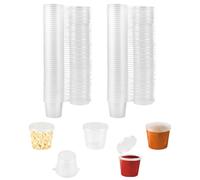 LPAMABA 100 Pz Bicchieri da Salsa con Cerniera in Plastica da 25ml,Scatola per Salsa Chutney Trasparente,Mini Tazze Rotondi con Coperchio per Conservare Condimento Ingredienti e Piccoli Oggetti