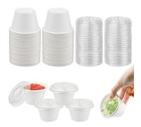 LPAMABA 50 Pz Piccoli Bicchieri di Carta per Salse,Contenitori Monodose per Salsa da Asporto da 100 ml,Mini Tazze per Campioni con 50 Pz Coperchi,Bicchieri di Carta per Snack per Salse Marmellate