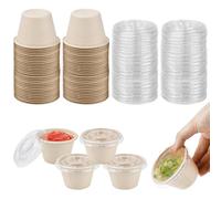 LPAMABA 50 Pz Piccoli Bicchieri di Carta per Salse,Contenitori Monodose per Salsa da Asporto da 100 ml,Mini Tazze per Campioni con 50 Pz Coperchi,Bicchieri di Carta per Snack per Salse Marmellate