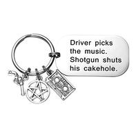 LParkin Supernatural Gifts Portachiavi Driver Picks The Music Shotgun Shuts His Cakehole Regalo di compleanno per uomo e donna, bianco, Medium, acciaio inox metallo, Senza pietra