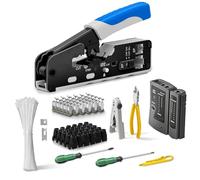 LPAYBCFO RJ45 Crimping Tool Kit with Stripping And Cutting Functions, for CAT8 Cat7 Cat6a Cat6 Cat5E Connectors, Includes Cable Tester And Pass-Through Plugs(Blue Kit)