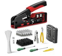 LPAYBCFO RJ45 Crimping Tool Kit with Stripping And Cutting Functions, for CAT8 Cat7 Cat6a Cat6 Cat5E Connectors, Includes Cable Tester And Pass-Through Plugs(Red Kit)