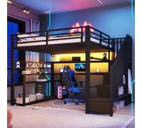 LPdorbe Letto a soppalco da gioco in metallo 140 x 200 cm con scrivania, guardaroba, ripostiglio, LED, struttura robusta, ideale per camera da letto e piccolo spazio, nero