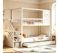 LPdorbe Letto per bambini capanna con 2 cassetti 200 x 90 cm, letto a castello in legno con protezione anti-caduta, letto a soppalco a 2 posti con stoccaggio scala, griglia, finestra per ragazzi e