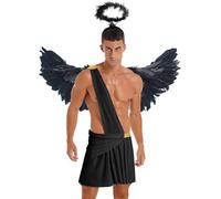 Lpdshaa Costume Cupido Angelo Uomo con Ali Piumate e Aureola Toga Dio dell'Amore Vestito Dio Greco Antico Eros Costume Carnevale Halloween Natale San Valentine Nero XL