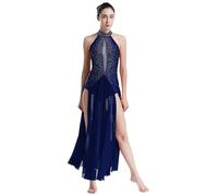 Lpdshaa Donna Abiti da Danza Lirici Lunghi Abito da Ballo Senza Maniche Collo A Bretelle Body Schiena Scoperta con Gonna Lunga A Balze Sala da Ballo Costumi da Blu Navy XL