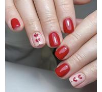 LPOODDNU Unghie finte a forma di cuore, quadrate, corte, rosse, con design semplice, finitura lucida, riutilizzabili, con linguette di colla, kit da 24 unghie finte per manicure da donna