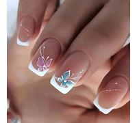 LPOODDNU Unghie finte a pressione, quadrate, medie, bianche, con disegni a farfalla rosa e blu, graziose unghie a molla a pressione, lunghezza media, unghie finte per manicure da donna