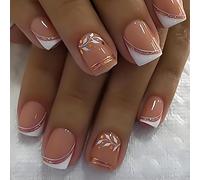 LPOODDNU Unghie finte corte quadrate a pressione, a punta francese, con design a foglia glitterata, finitura lucida, riutilizzabili, con linguette di colla, kit da 24 unghie finte per manicure da