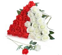 LPREUTWN 30 rose artificiali in seta, stelo lungo, bouquet di fiori per matrimonio, addio al nubilato, feste, decorazione della casa (bianco + rosso)