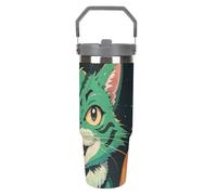 LPSADGF Anime Green Cat Bicchiere con cannuccia, tazza da viaggio isolata in acciaio inox con manico, design a doppia parete, coperchio a prova di perdite, mantiene le bevande calde/fredde per ore